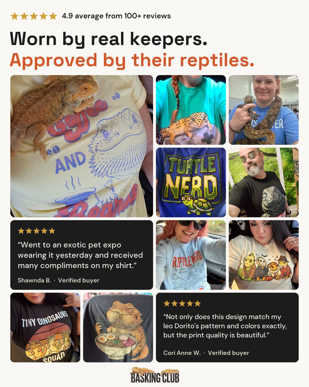 Basking Club customers wearing their reptile shirts, some holding their bearded dragons, geckos and snakes. Rated 4.9 from 100+ reviews.