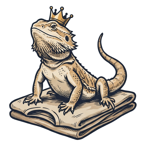 Bearded dragon wearing a crown on folded t-shirts