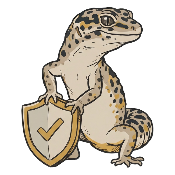 Leopard gecko holding a security shield