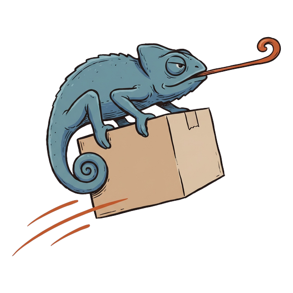 Chameleon riding a speeding delivery box